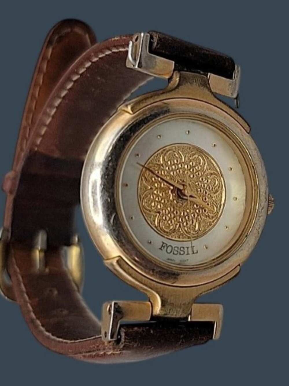 Vtg Fossil 1990s Womens Watch Gold Filigree Mandala Mother of Pearl Leather 30mm - Picture 2 of 16